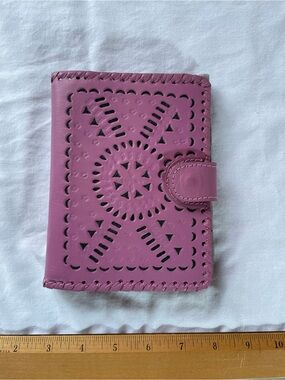 Cleobella Mauve-Pink Leather Card Wallet with Woven Edge